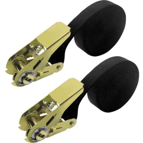 Lot de 2 sangles d'arrimage à cliquet de 6 m - Noir - Capacité d'arrimage : 800 kg - Résistance à la rupture - 6 m x 25 mm - Pour moto, voiture, remorque, maison (1/4)