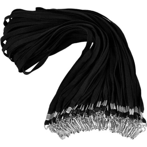Lot de 100 cordons noirs avec clip, cordon avec crochet en J pour badges d'identification ou étiquettes nominatives (NOIR)