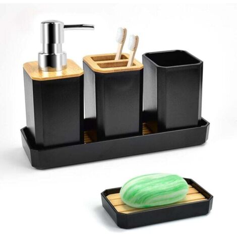 Accessoires de salle de bain 5 pièces Accessoires de salle de bain en bambou, avec flacon de lotion, porte-brosse à dents, gobelet à dents, porte-savon, plateau (noir)