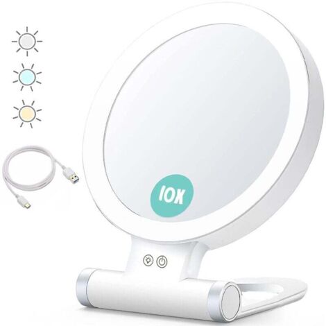Miroir grossissant 1x/10x pour bureau, poignée réglable pour suspension sur table, miroir de courtoisie à LED rechargeable de voyage avec 3 couleurs de lumière (1/4)