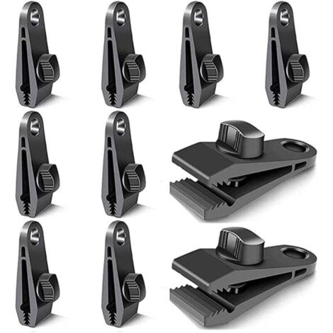 10 Pièces Clips de Bache, Pièces de Fixation de Bache, Crochets de Bache, Clips de Tente de Camping Coupe-Vent, Accessoires de Clip Coupe-Vent Résistant au Soleil (Noir) (1/4)