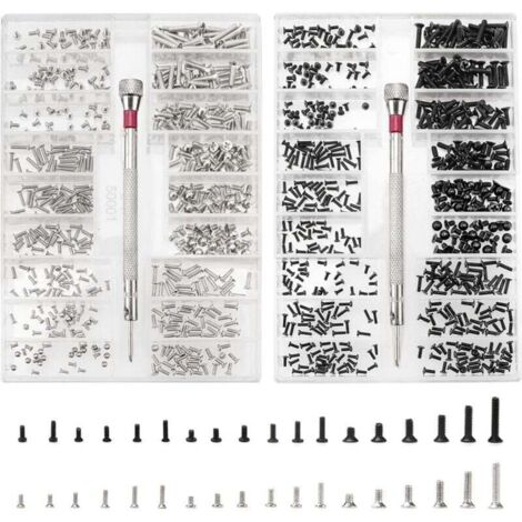 1000 Pièces Kit de Vis de Réparation Minuscule Micro, Kit d'Assortiment de Petites Vis en Acier Inoxydable avec Tournevis, M1.2 M1.4 M2 Micro Vis de Réparation, Argent et noir (1/4)