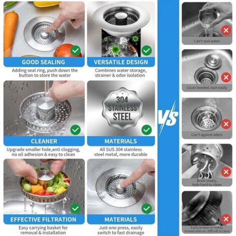 Katleay Bouchon Évier Cuisine 3-en-1 Inox - Bonde Pop-Up Avec Passoire, Anti-Odeurs Et Anti-Bouchon
