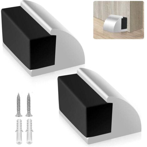 Lot de 2 butées de porte en métal robuste à fixer au sol - Argent - Moderne - Chrome - Protection murale avec amortisseur sonore en caoutchouc (1/4)