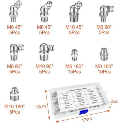 TNSLAND Kit 60 Graisseurs Métriques M6 M8 M10 – Assortiment 45° 90° 180° Pompe à Graisse, Boîte De Rangement Incluse, Idéal Auto & Industrie