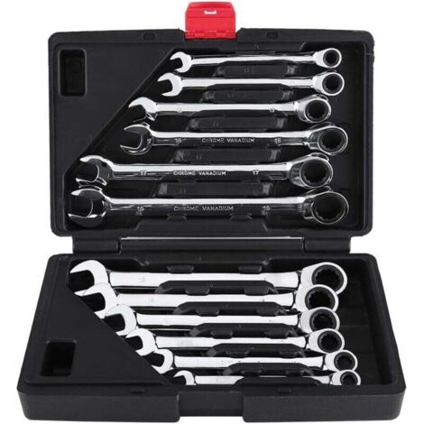 12 Pièces Clé à cliquet Kit d'outils 8–19mm Clé Mixte Professionelle Clé à Cliquet Cle Plate a Cliquet avec Valise à Outils, Angle de retour 5°, cliquet de qualité 72 dents (1/4)