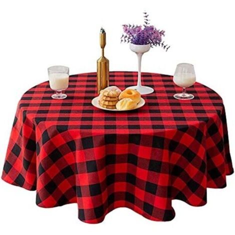 Nappe ronde à carreaux de 140 cm pour table de mariage, cuisine, salle à manger, rouge (1/4)