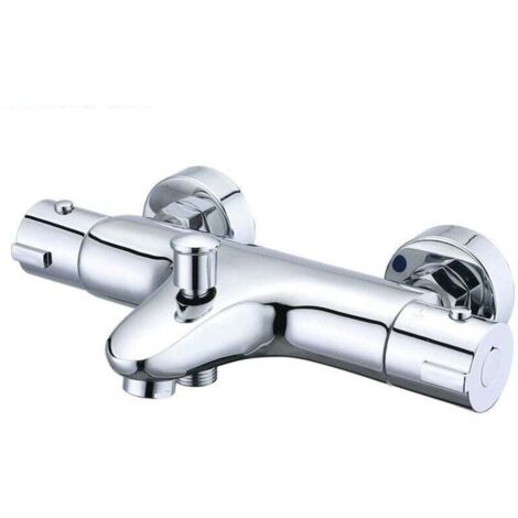 Mitigeur Douche Thermostatique, Mitigeur Baignoire Thermostatique en Laiton, Robinet de Baignoire avec Arrêt de Sécurité à 38°C, Mural Robinet de Douche avec 2 Sorties, Entraxe 150mm, Argent (1/4)