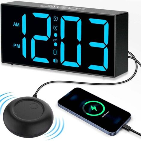 Réveil numérique avec vibration, alarme matinale extra forte, lumière LED 7 pouces, réveil vibrant pour sourds et malentendants, fonction snooze, volume et luminosité réglables, rechargeable par USB (1/4)