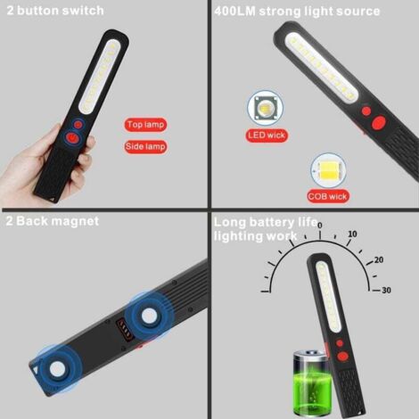 Lampe De Travail LED Rechargeable 2 En 1 - Lumière Double Couleur COB 5W + Torche 3W Avec Aimants, Idéale Garage, Auto Et Atelier