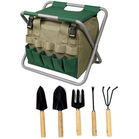 Tabouret de Jardin Pliable - Ensemble d'outils - Sac de Rangement avec Fermeture éclair - Comprend 5 Outils avec télécommande en Bois, Marron (1/4)