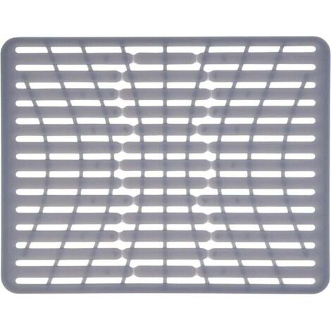 Tapis de protection d'évier en silicone, épais, de qualité alimentaire, avec 3 trous réservés, résistant à la chaleur, lavable au lave-vaisselle, 28,5 x 32 cm, gris (1/4)
