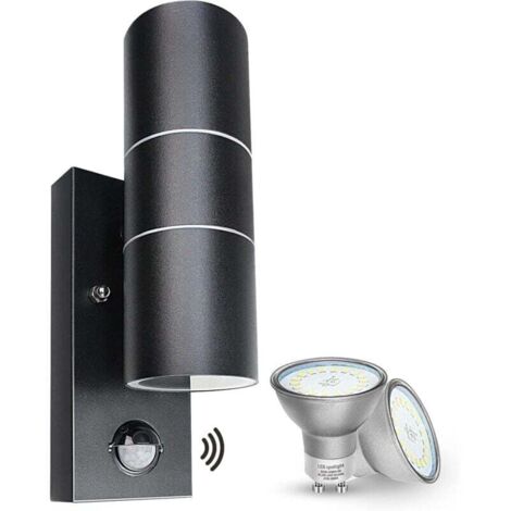 Applique Murale Exterieur/Intérieur, Détecteur de Mouvement Noir 5W,Luminaire Exterieur LED Moderne Up et Down 500lm Blanc Chaud 3000K IP44 Étanche Avec 2x GU10 Ampoules (1/4)