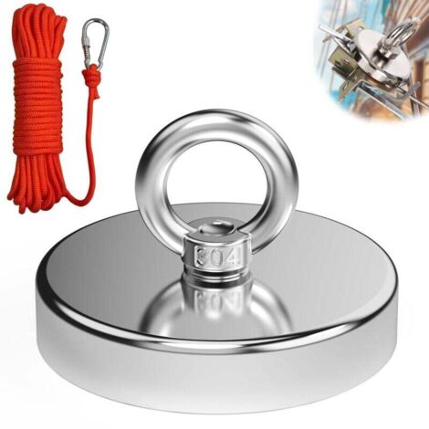 Aimant de Pêche Super Puissant, Diamètre 90 mm 340KG force de traction , Crochet Magnétique pour Pêche À L'Aimant, Récupération de Rivière, l'aventure en Plein Air avec corde de 6 mm x 10 m