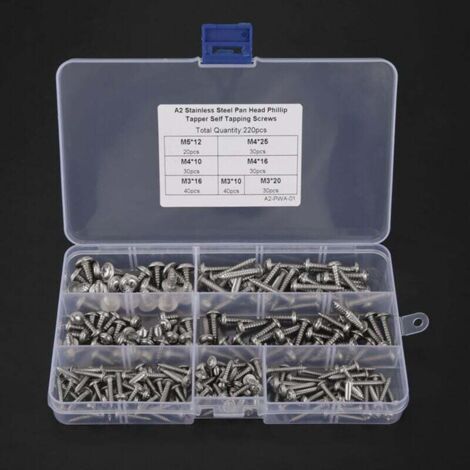 Lot de 220 vis autotaraudeuses M3 M4 M5 304 en acier inoxydable à tête cylindrique (1/4)