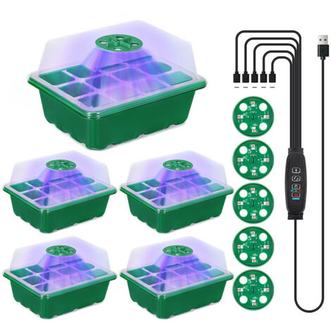 Trywise Lot de 5 bacs de germination en plastique à 12 trous avec éclairage intégré pour la culture et l'entretien des légumes à la maison (vert) (1/5)