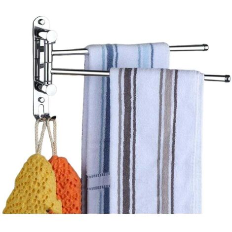 Porte-serviettes pivotant, barre à serviettes à 2 bras en acier inoxydable, fixation murale avec crochets (argent) (1/4)