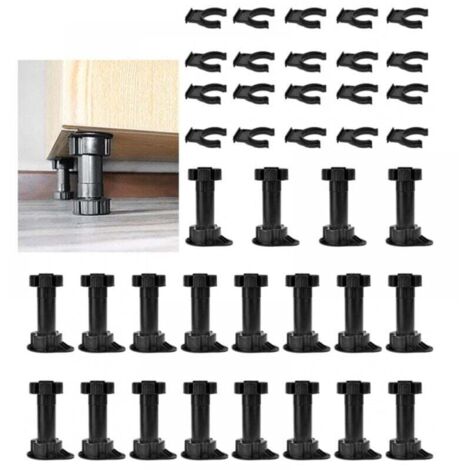 Pieds de meubles réglables, 80-100 mm, en plastique noir, avec 20 clips de base pour meubles, armoires, cuisine, canapé, 20 pièces (1/4)
