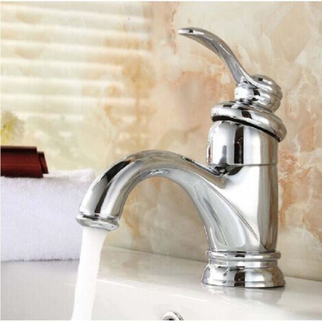 Robinet de lavabo monotrou en laiton, robinet de lavabo pour salle de bain avec eau chaude et froide, chromé. (1/4)