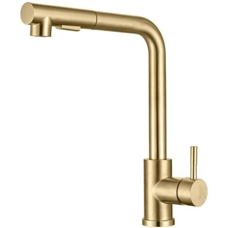 Robinet de cuisine, douchette extractible avec 2 modes de pulvérisation, pivotant à 360°, eau chaude et froide, or brossé (1/4)