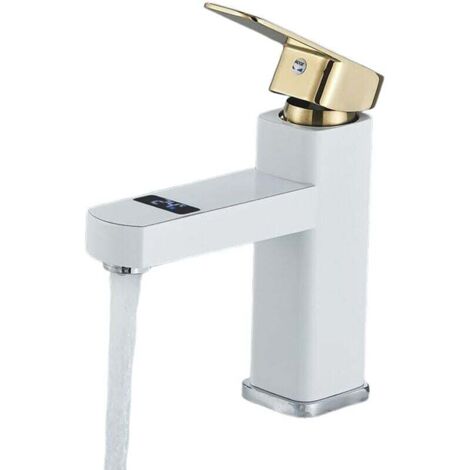 Robinet de lavabo à affichage numérique intelligent, robinet de lavabo de salle de bain (or blanc court) (1/4)