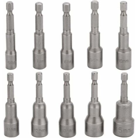 Paquet de 10 embouts de douille pour tournevis à percussion, jeu de douilles hexagonales magnétiques de 6 à 15 mm (1/4)