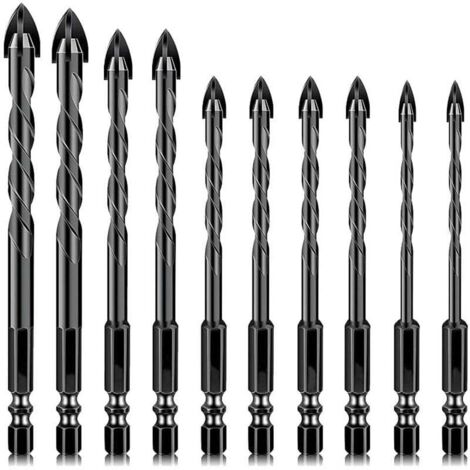 Lot de 10 forets multi-usages en carbure de tungstène pour carrelage, verre, porcelaine, béton, murs de briques et verre (5 à 12 mm) (1/4)