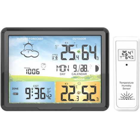 Station météo sans fil avec capteur extérieur, température et humidité intérieur/extérieur, prévisions météo, affichage numérique couleur.