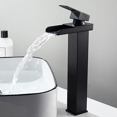 Mitigeur lavabo rectangulaire noir mat, robinet cascade réglable eau chaude/froide. Acier inoxydable anti-oxydation sans plomb, pour basin de comptoir ou lavabo main. (1/4)
