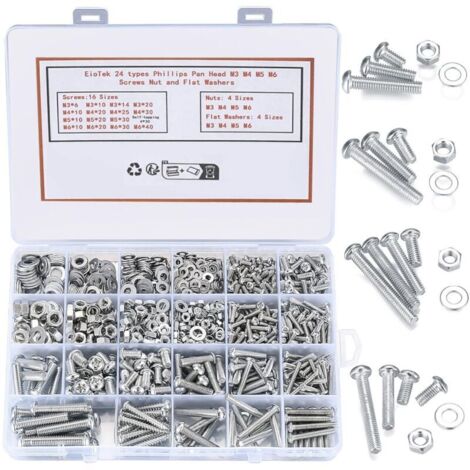 1080 pièces Ensemble de vis et écrous à tête cylindrique Phillips, M3/M4/M5/M6 Vis autotaraudeuses à tête plate, boulons, écrous, rondelles plates de blocage, kit d'assortiment pour accessoires de fix (1/4)