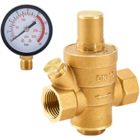 Réducteur de pression d'eau DN15 réglable en laiton avec manomètre, pour usage domestique (1 pièce).