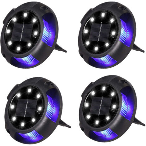 Lot de 4 Bornes Solaires Encastrées Extérieur - 8 LEDs Blanc + 4 LEDs Bleu - Étanches - pour Allée, Aire de Stationnement, Paysage, Jardin, Terrasse, Pelouse, Cour