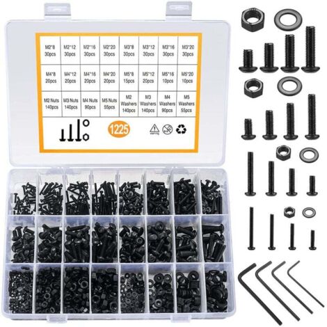 Kit 1225PCS M2 M3 M4 M5 en Acier au Carbone Bouton à tête hexagonale Socket Tête Câble Boulons Vis avec écrous Assortiment (Noir) (1/4)