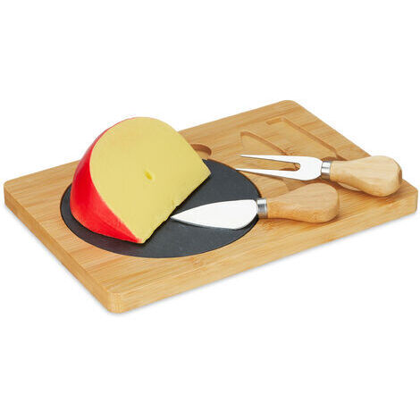Relaxdays Lot plateau à fromages & couteau, planche bambou, surface en ardoise & couverts, LxP: 25x17 cm, nature - noir (1/5)