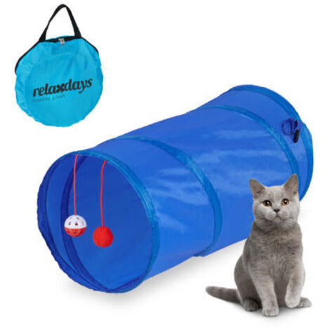 Relaxdays Tunnel pliable pour chat, LxD : env. 48x26 cm, avec jouets et sac de transport, jouet interactif, bleu