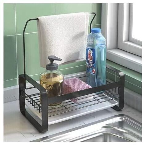 Porte Eponge d'Evier Inoxydable avec Porte-Serviettes,Panneau Amovible pour Ranger Brosses à Vaisselle,éponges à Vaisselle et Liquide Vaisselle (Noir Large),dyk.Trywise (1/4)