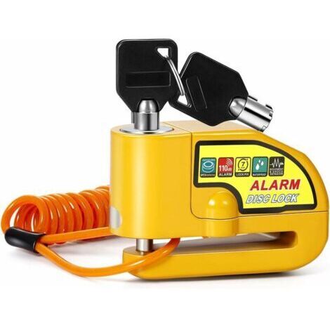 Bloc Disque Alarme Antivol Moto Bloque Disque Scooter Disc Lock avec Alarme de 110db,2Clés,1.5m Câble Antivol,1 Sac de Bloc Disque Alarme pour Moto/Vélo/Scooter (Jaune),dyk.Trywise (1/4)