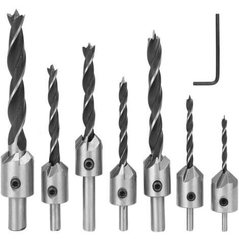 Set de Forets à Chanfreiner, 7 Pièces Mèches à Frapper à Trois Pointes Forets à Chanfreiner 3 4 5 6 7 8 10 mm, pour Bois Acier Rapide, Travail du Bois Menuiserie (1/5)