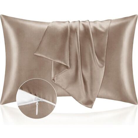 Taie Oreiller 51x75 en Satin, Housse D'oreiller Satinées Protège Peau et Cheveux - Ultra Douce et Hypoallergénique - Lot de 2 Housse Coussin avec Fermeture Éclair Café (1/5)