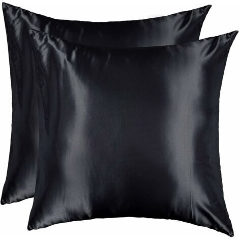 LaBlanc Taie d'oreiller Satin 60x60 Lot de 2 Lisse Elégant Housse Oreiller Carré Confort Soyeux Peau Frais Eté Fermeture Eclair Maison Hôtel, Noir (1/5)