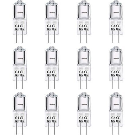 Paquet de 12 Ampoules Halognes G4 12V 10W, Intensité Variable, Blanc Chaud 2700K, 140LM, Lampe Halogène Basse Tension G4, Capsule Transparente, Pour Lustre, Placards, Plafonniers