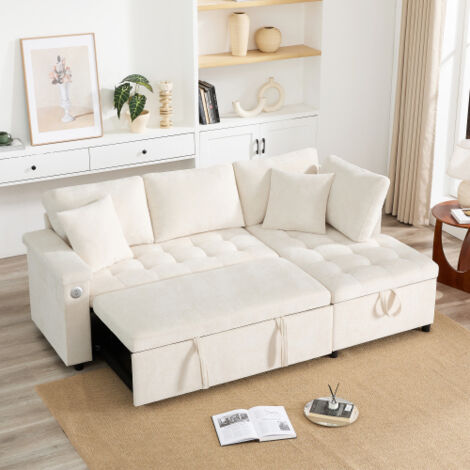 Canapé moderne en forme de L avec fonction canapé-lit escamotable et fonction literie,de compartiments de rangement intégrés dans les accoudoirs et de 2 coussins, pour usage en salon, couleur beige. (1/5)