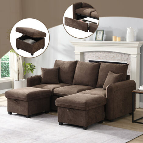 Canapé d’angle en forme de U multifonction pour trois personnes, rembourré et doté de rangements – tiroirs + repose-pieds avec compartiment de rangement, revêtement en tissu chenille (1/5)