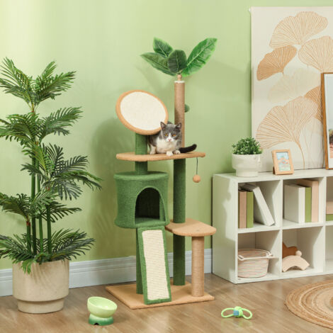 Griffoir pour chats de 139 cm, arbre à chat avec niche et balles suspendues, colonnes en corde de sisal, adapté aux chats pesant jusqu’à 5 kg, vert (1/5)