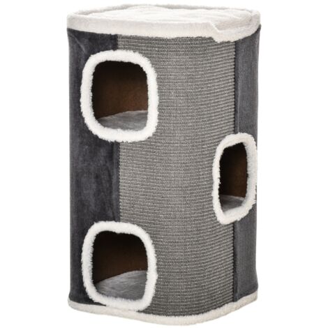Arbre à chat à trois niveaux en panneaux de particules, velours en polyester et sisal, coloris gris-blanc, 40 × 40 × 74 cm (1/5)