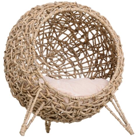 Chatière en rotin avec coussin, lit pour chat et niche sur pieds surélevés, style naturel, diamètre 52 × hauteur 58 cm (1/5)