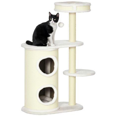 Arbre à chat avec plateformes, 1 niche pour chat et jouets, dimensions : 59 cm × 35 cm × 100 cm, couleur crème (1/5)