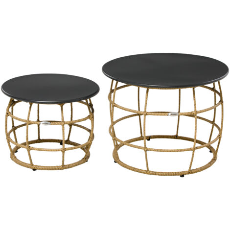 Table ronde à double fond tressé, plateau en bois pour jardin ou balcon, diamètres 46/60 cm, couleur sable (1/4)
