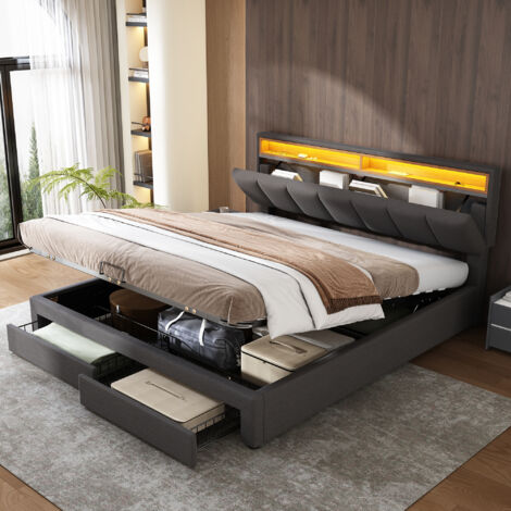 Lit double avec rangement et éclairage LED, avec sommier, gris, 180 × 200 cm (1/5)