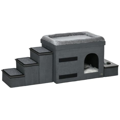 Maison pour chats, niche pour chats, grotte pour chats, escalier pour animaux domestiques à trois niveaux, comprenant deux gamelles, 70 × 50 × 51 cm, gris (1/5)